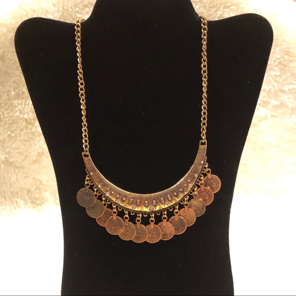 ANTIQUED—GOLDEN GYPSY COIN STATEMENT NECKLACE SET